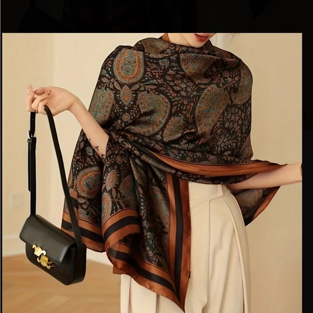 Elegant Paisley Silk Scarf - Brown and Black